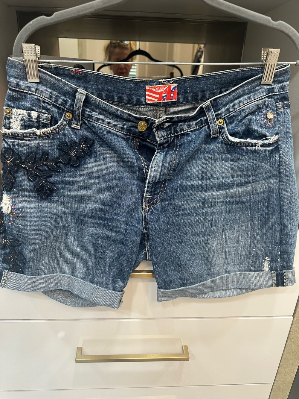 7 For All Mankind Blue Denim Embroidered Jean Shorts Size 32